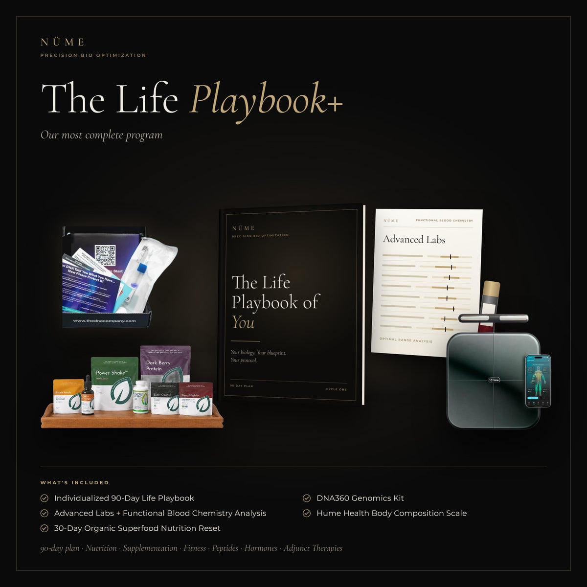 NüME Life Playbook+ bundle: DNA360 kit, Organic Superfood Nutrition kit, Life Playbook, advanced labs and Hume body composition scale